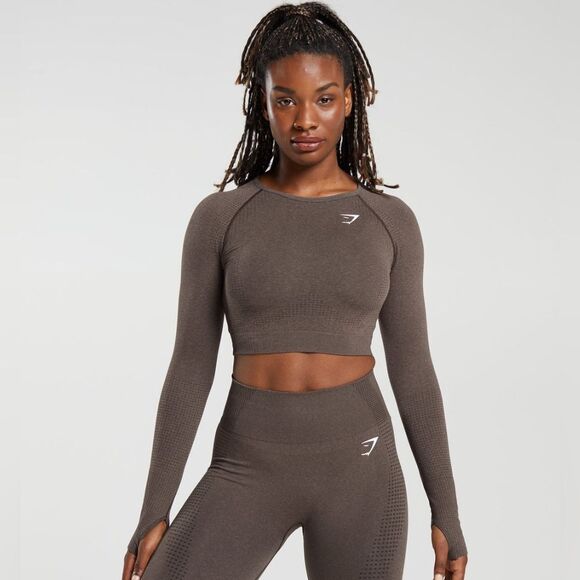 Gymshark Vital Seamless 2.0 Long Sleeve Crop Top Size S in Brown Marl NWT in pac - Picture 1 of 7